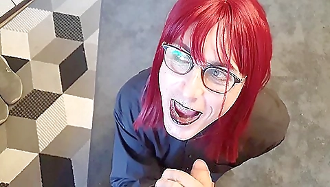 Slutty brunette maid in red dress fucking all the guys