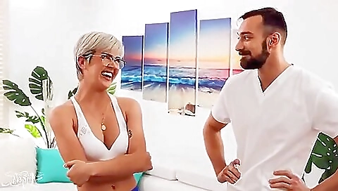 Horny shemale fucked in the massage chair and then in the bed