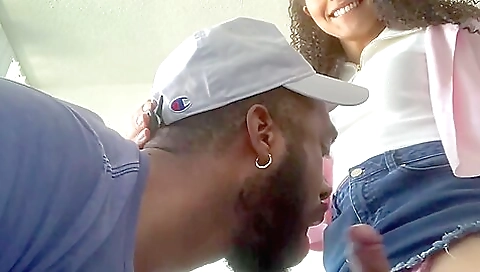 Ebony girl with big tits is getting her throat filled up