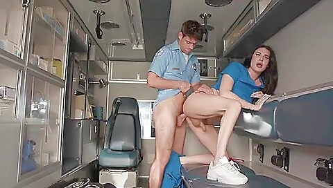 Busty brunette nurse with tattooed body gets her ass rippied