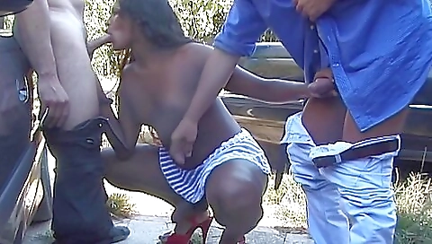 Two black chicks in sexy outfits and a guy doing anal