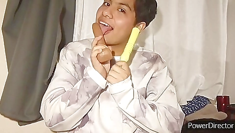 Amateur brunette with big tits plays with her two toys